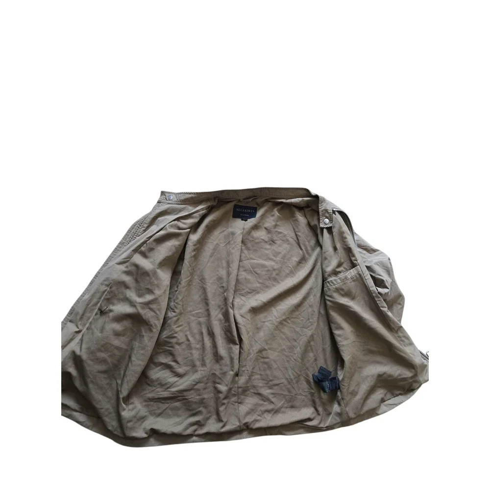 AllSaints Mens Tan Khaki Racer Bomber Jacket XL Embroidered Logo Zip Cuffs - Picture 10 of 16